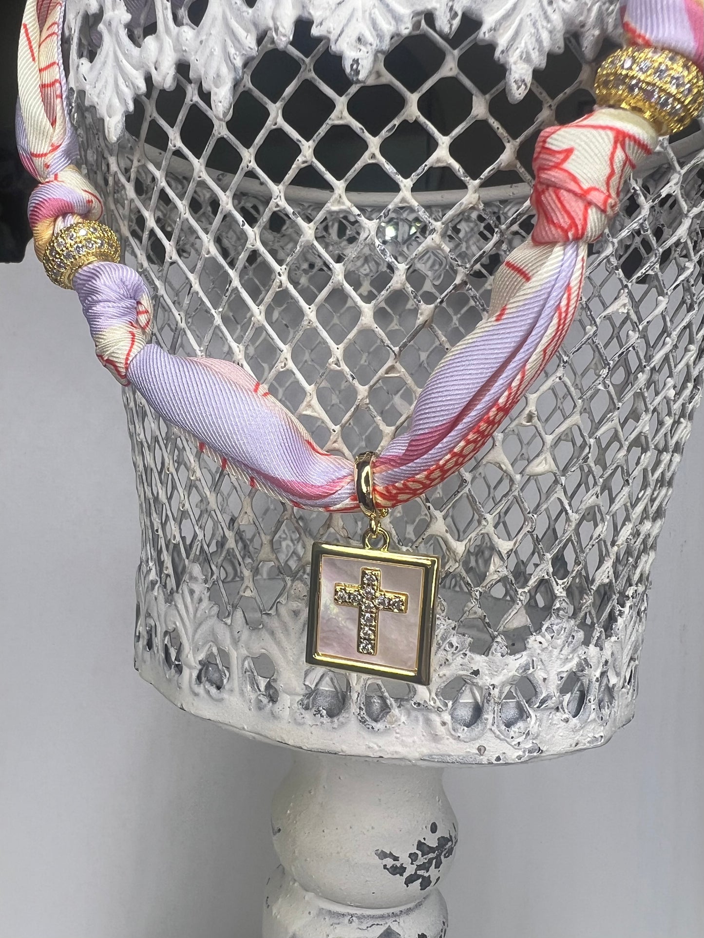 Gold Cross with Mother of Pearl Charm Scarf Necklace