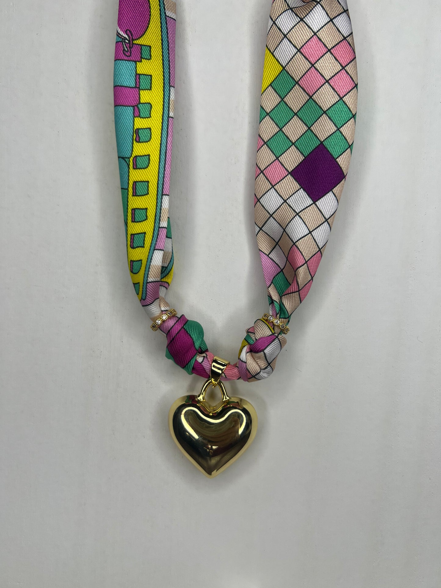 Gold Puff Heart Charm Scarf Necklace