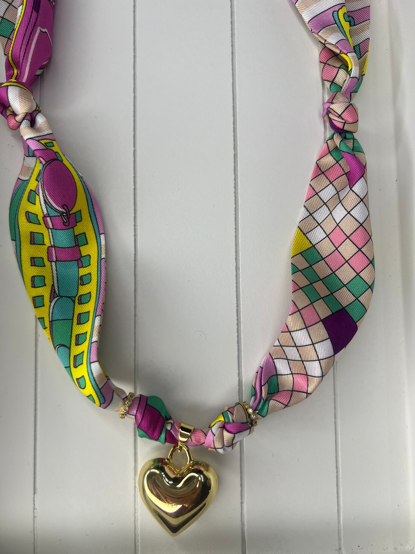 Gold Puff Heart Charm Scarf Necklace