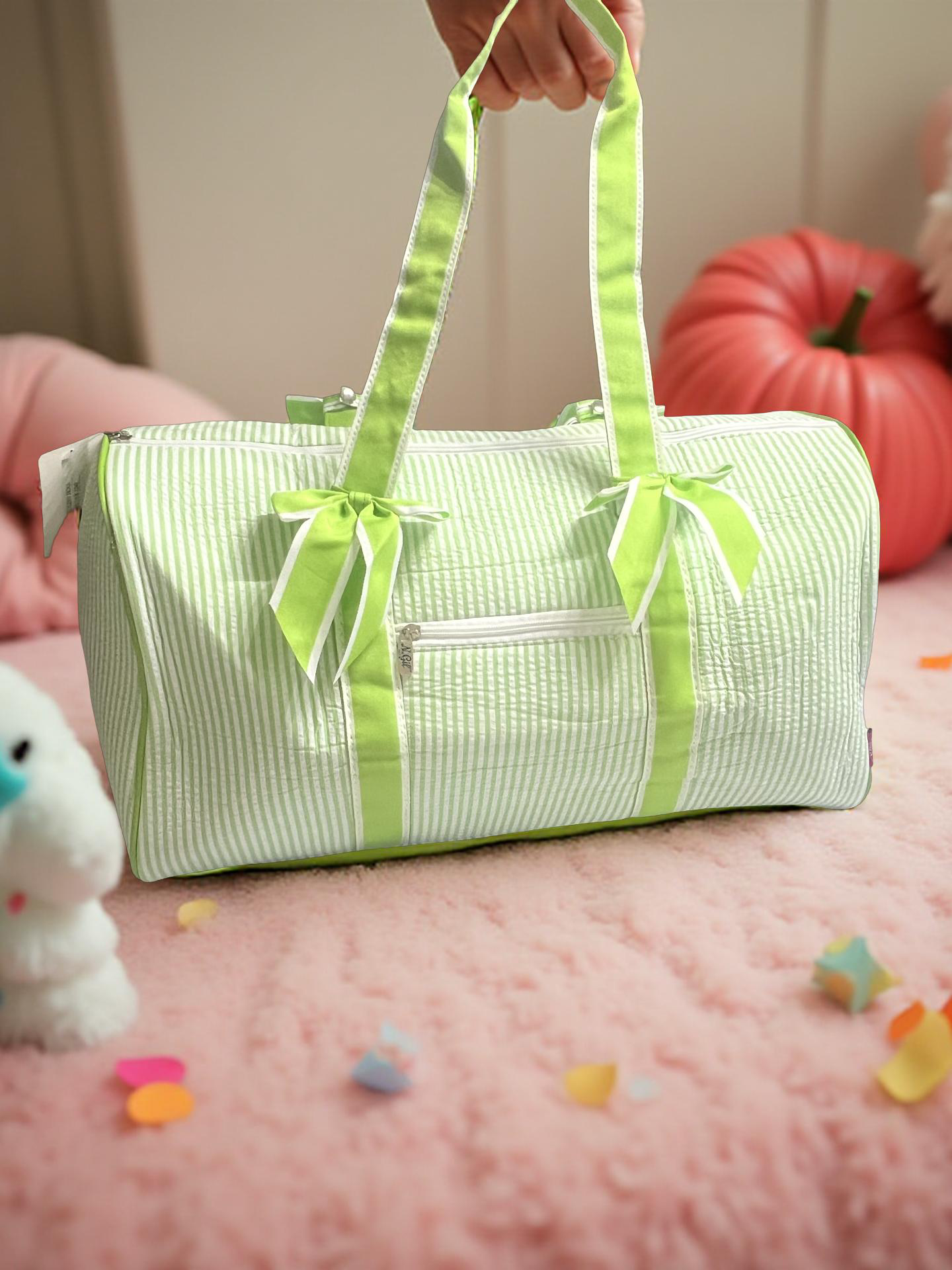 Green and White Seersucker Duffle Bag