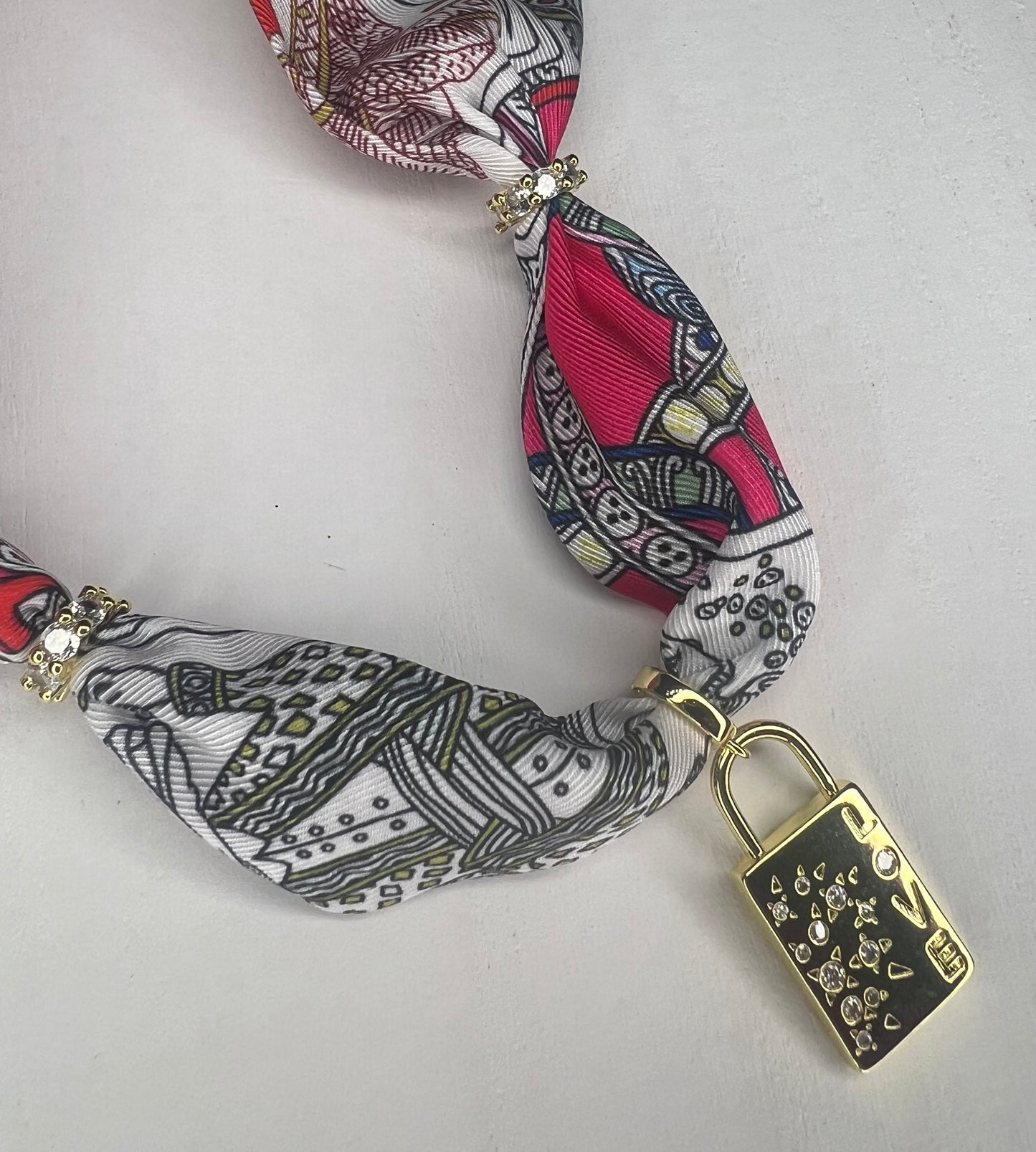 Gold Lock Charm Scarf Necklace