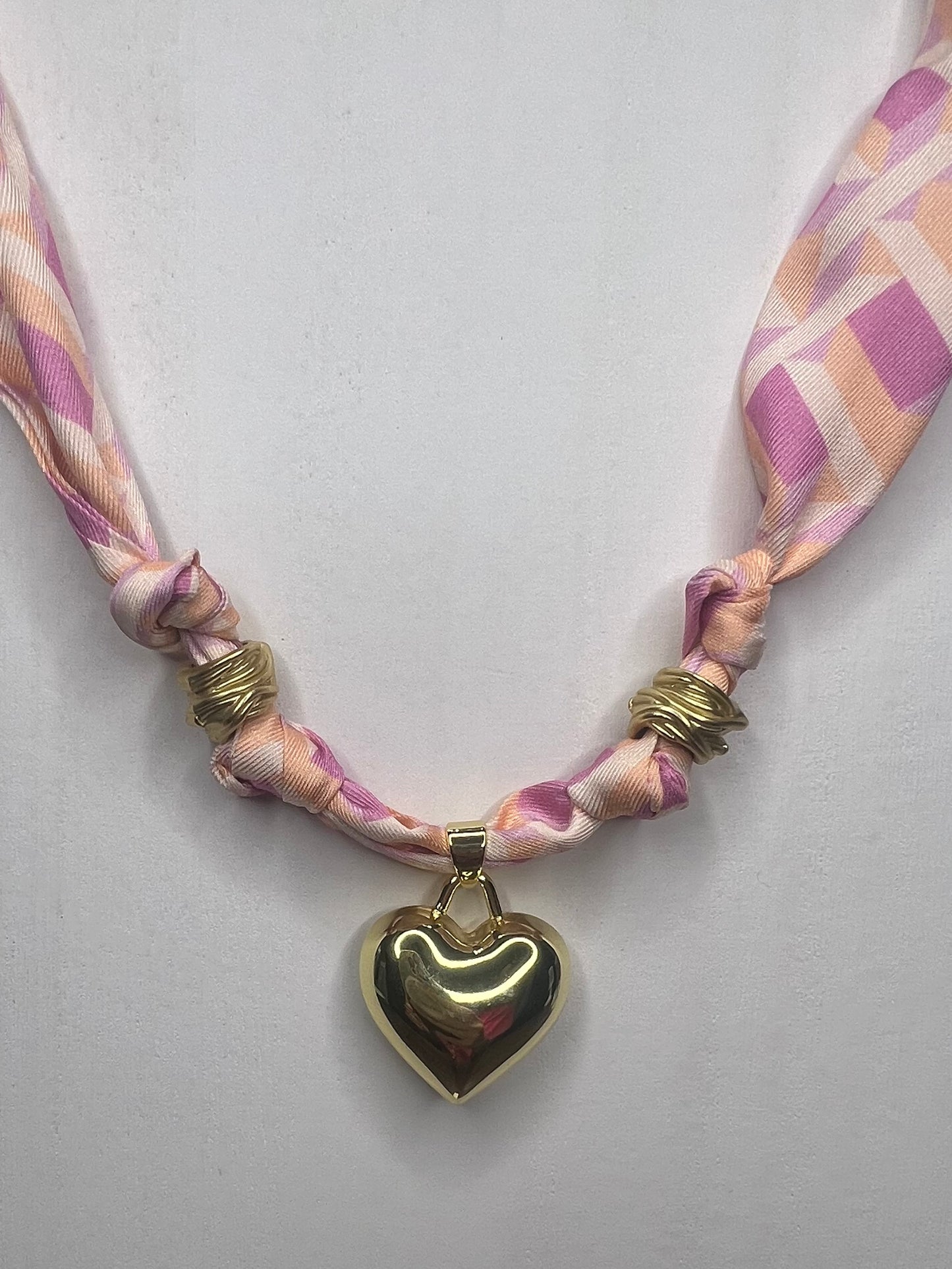 Gold Puff Heart Charm Scarf Necklace