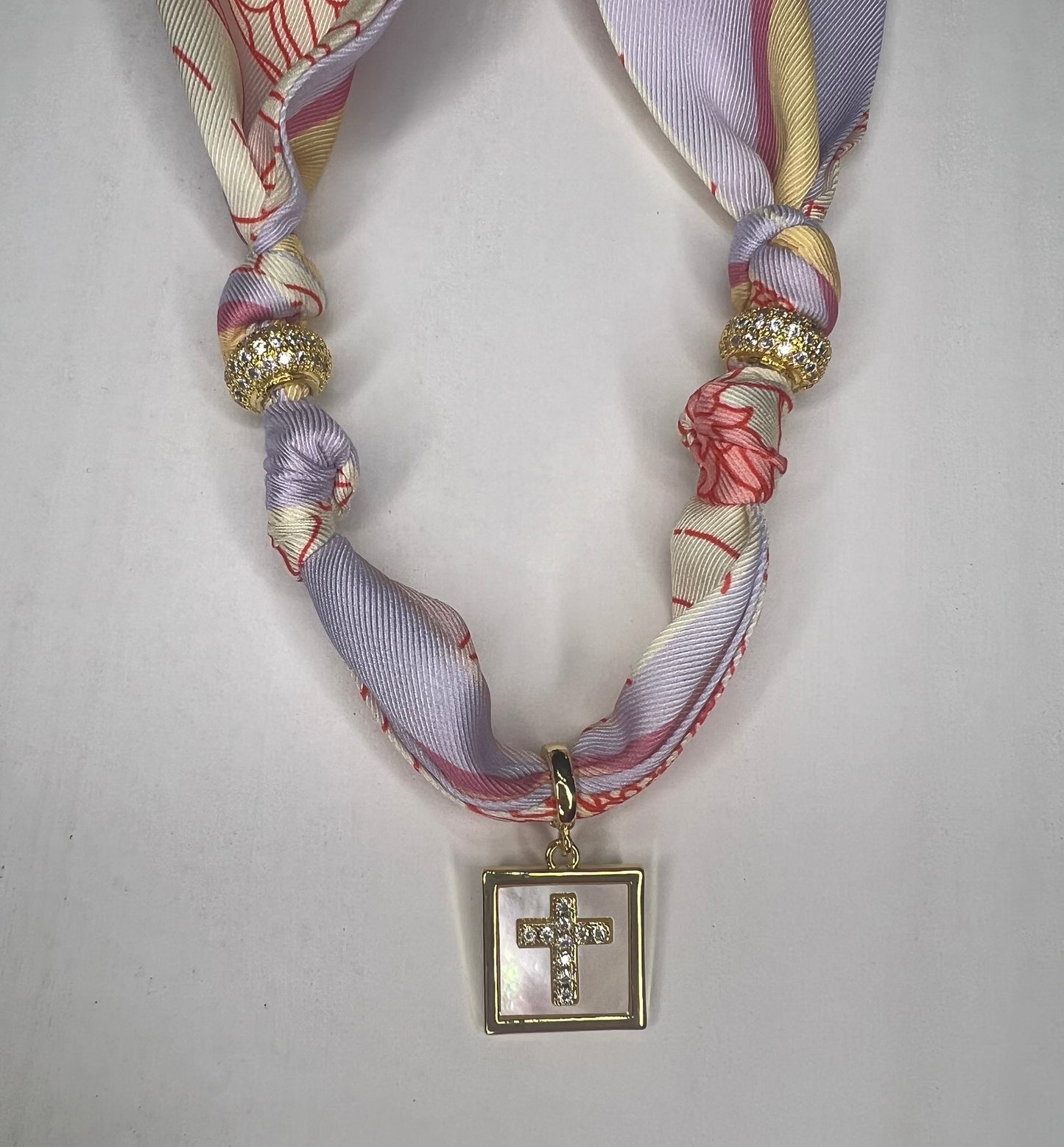 Gold Cross with Mother of Pearl Charm Scarf Necklace