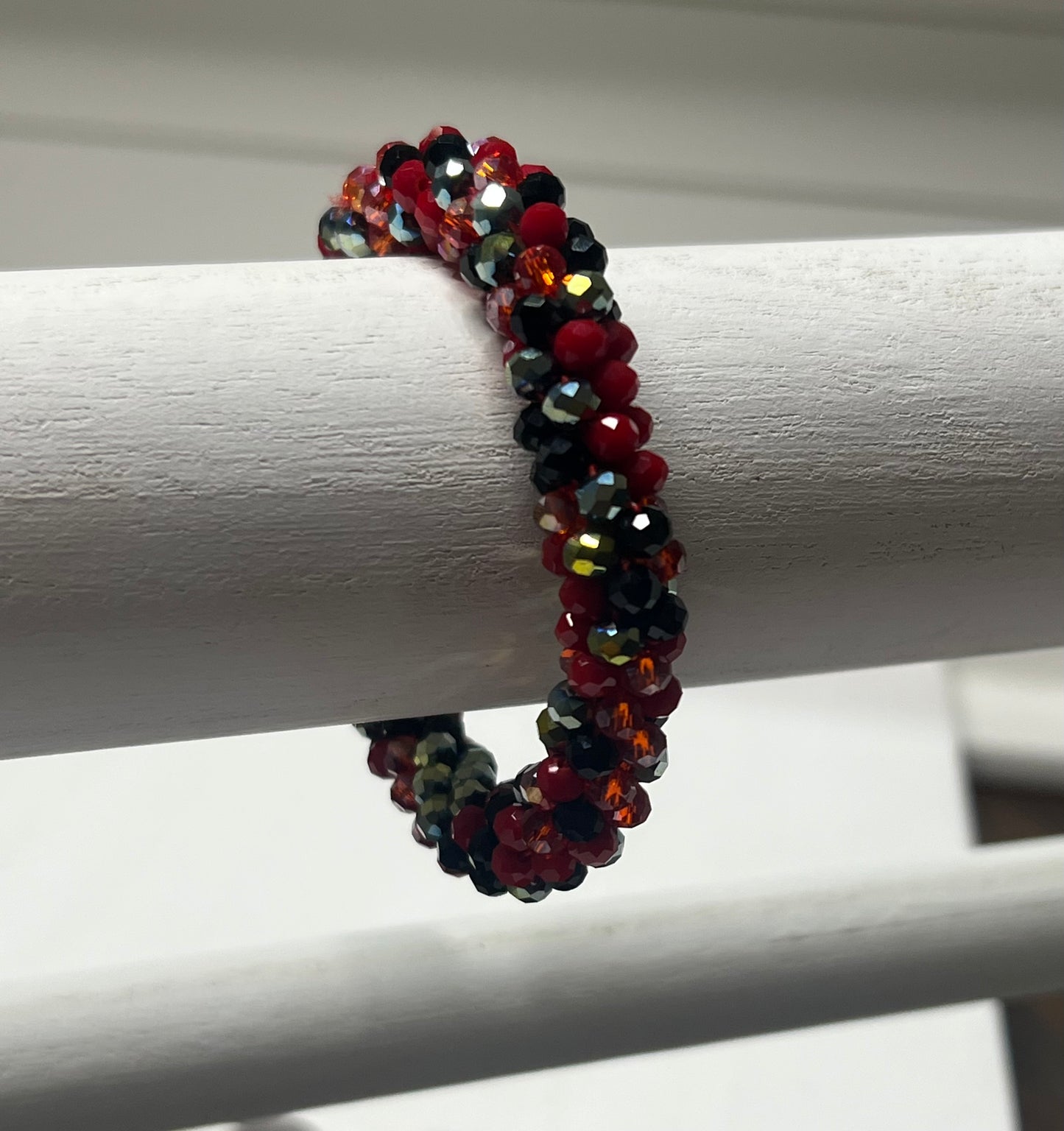 Red, Black, Silver, Beaded Roll On Bracelet
