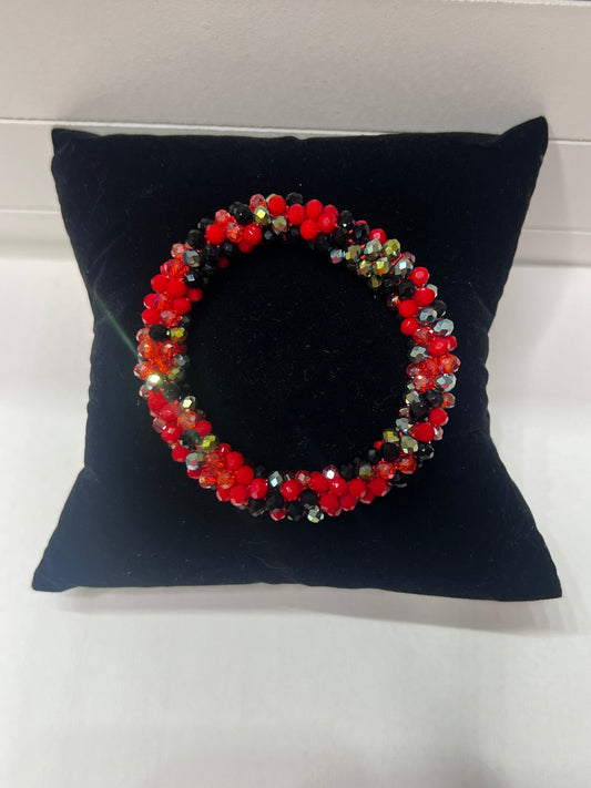 Red, Black, Silver, Beaded Roll On Bracelet