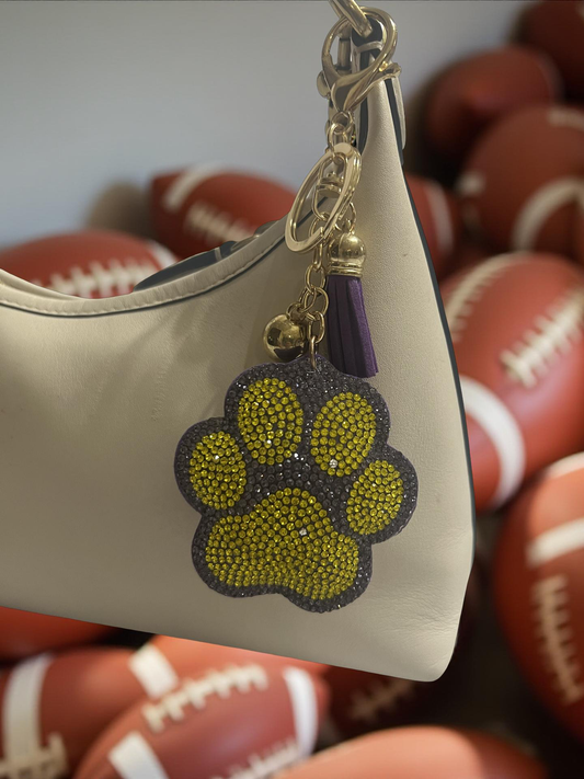 Gold and Purple Paw Rhinestone Bag Charm