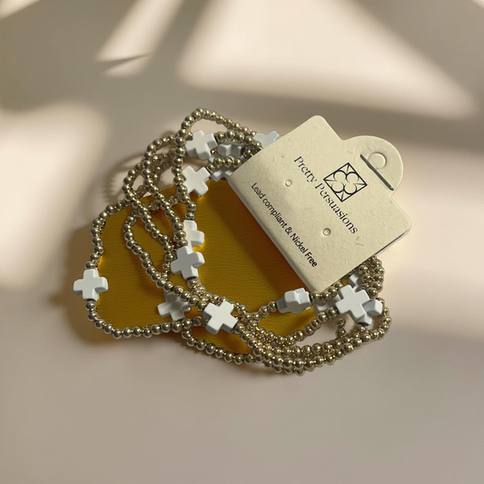 White Cross Gold Beaded Stretch Bracelet set