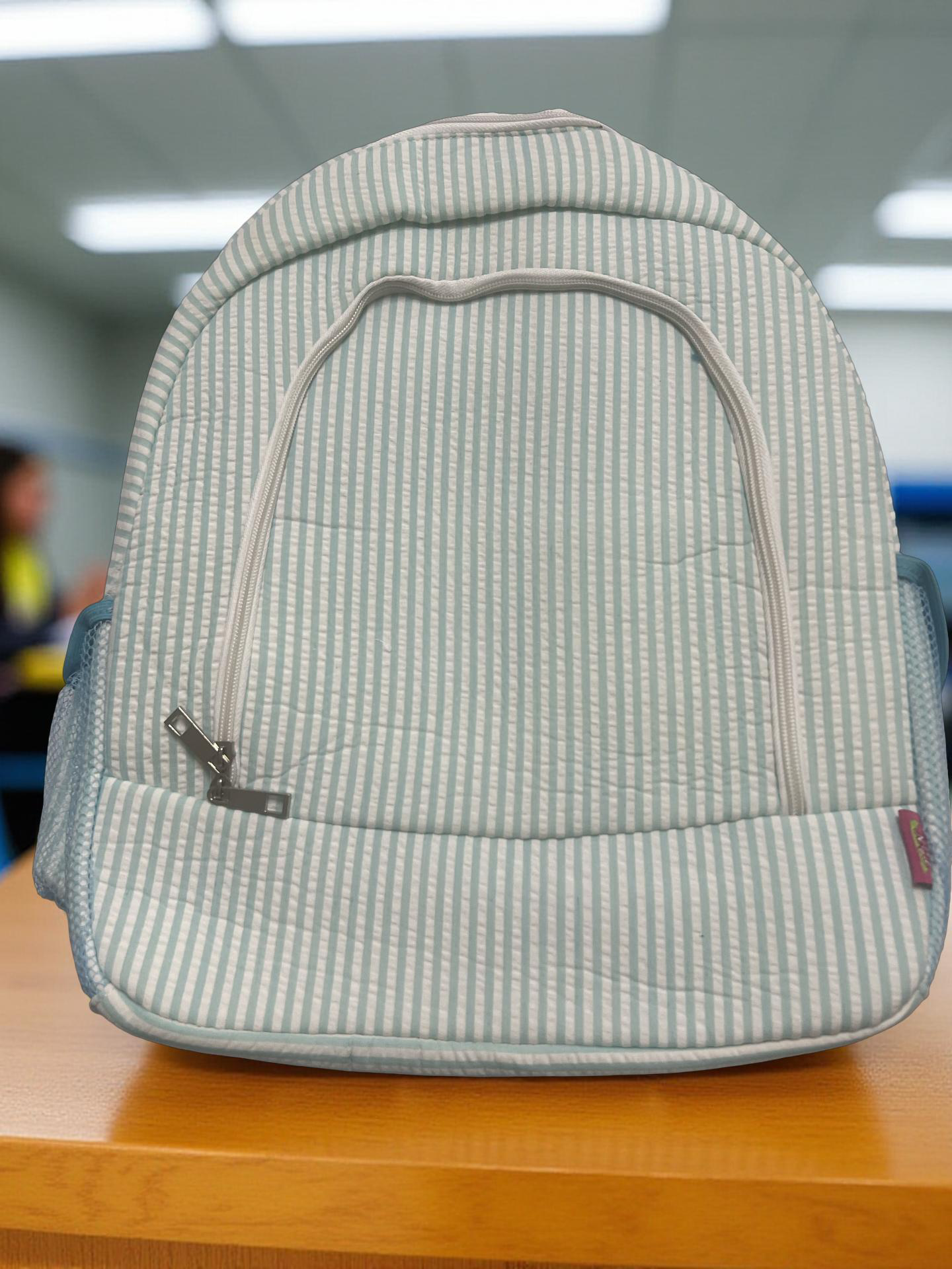 Blue and White Seersucker Backpack